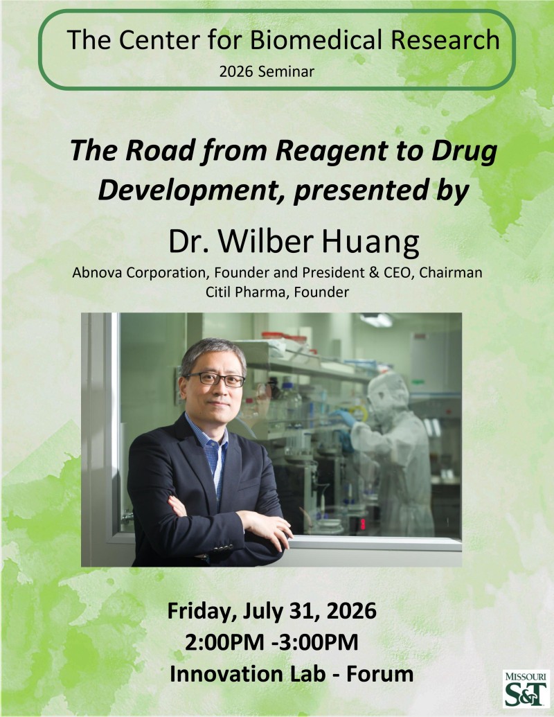 Event flyer for the Center for Biomedical Research 2026 Seminar. Photo of Dr. Wilber Huang, wearing glasses and a dark blazer, standing with arms crossed in front of a lab window with a researcher visible inside. Text reads 